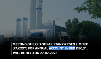 Meeting of B.O.D of Pakistan Oxygen Limited (PAKOXY) for annual Account ended Dec,31, will be held on 27-02-2026