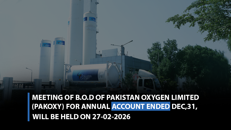 Meeting of B.O.D of Pakistan Oxygen Limited (PAKOXY) for annual Account ended Dec,31, will be held on 27-02-2026